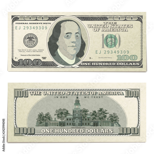 Realistic dummy one hundred USA dollars banknote, front and back detailed coupure on white