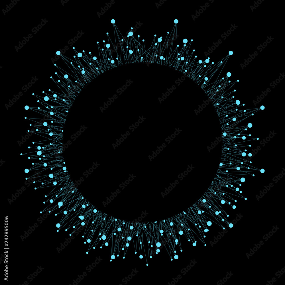 Naklejka premium Geometric abstract round form with connected line and dots on black background