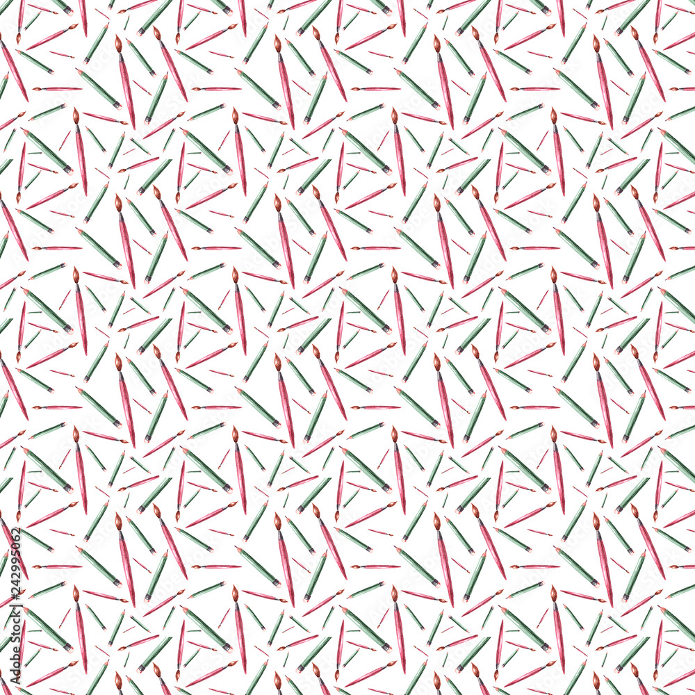 Fototapeta premium Seamless pattern of pencils and brushes green and red for use in packaging or fabric