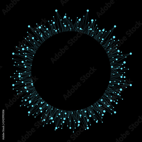 Geometric abstract round form with connected line and dots on black background