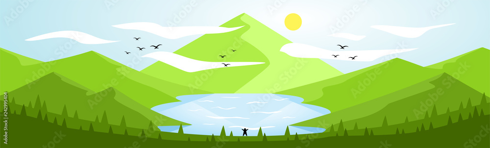 Obraz premium Landscape Illustration (Mountain & Lake) - Spring Daytime