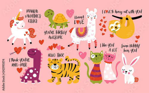 Valentine's day cute animals set with llama, sloth, unicorn, cats, dinosaur, bunny, tiger and turtle.