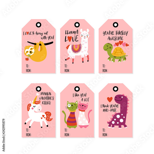 Valentine's day cute animals in love gift tag set