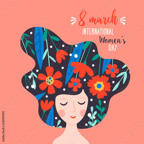 Women's day cute greeting card with young woman and flowers.
