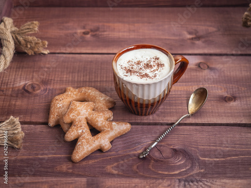 Light lunch with cappuccino and chocolate. Cookies on devayvannom tray.