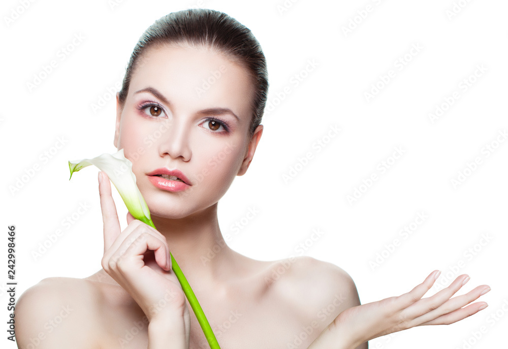 Spa beauty girl showing empty copy space on the open hand isolated on white. Presenting your product Spa beauty girl showing empty copy space on the open hand isolated on white. Presenting your product