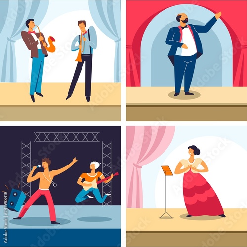Performing arts, jazz, theater, rock and opera performers on stage, different genres