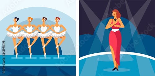Performing arts, ballet and pop music performers on stage, different genres
