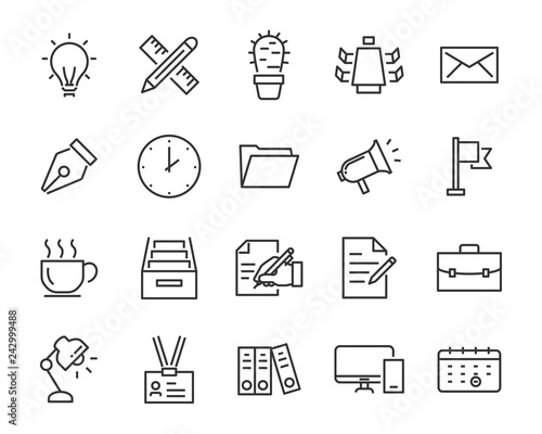 set of office icons, such as meeting room, document, coffee, paper, pen, laptop