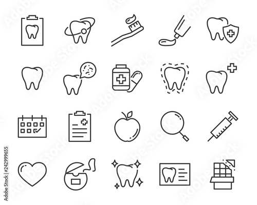 set of teeth icons, such as dental, tooth, brush, mouth, oral, pain