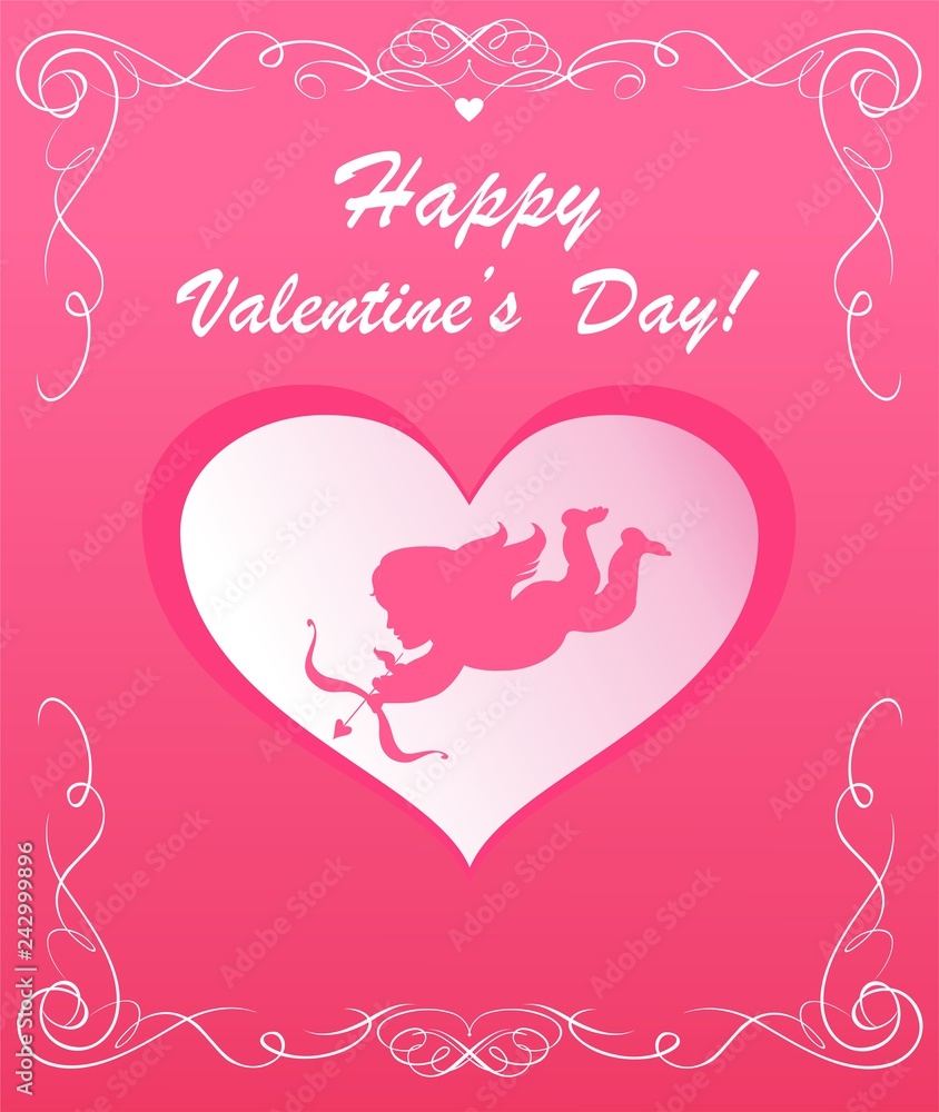 Greeting pink card with heart shape with cupid for Valentine’s day