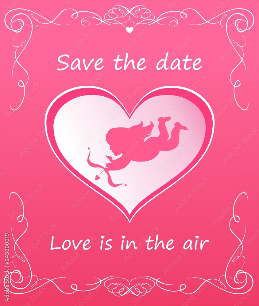 Greeting pink card with heart shape with cupid for wedding invitation