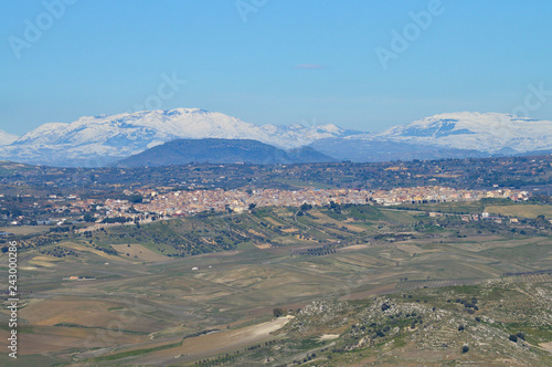 View from Mazzarino of Barrafranca with the Madonie Mountains in the Background, Sicily, Italy, Europe © Simoncountry