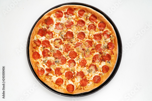 Pepperoni pizza on the white background.