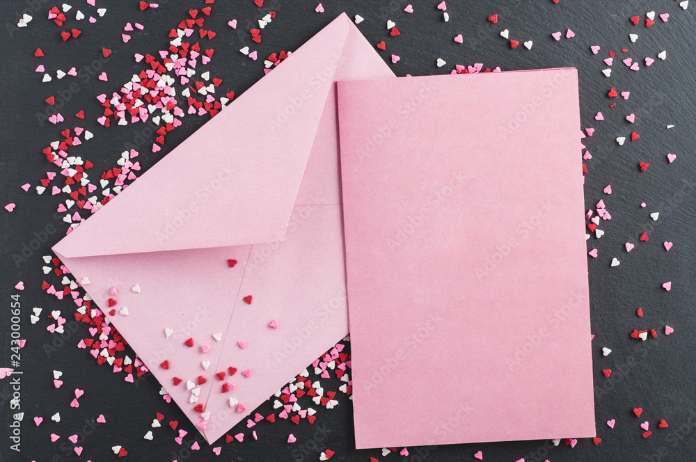 Valentine card mockup and envelope with heart sprinkles