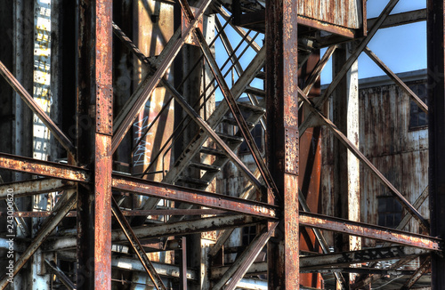 Abandoned rusted industrial structures in old port