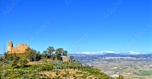 Beautiful View of Mazzarino Medieval Castle with Barrafranca and the Madonie Mountains in the Background, Caltanissetta, Sicily, Italy, Europe photo