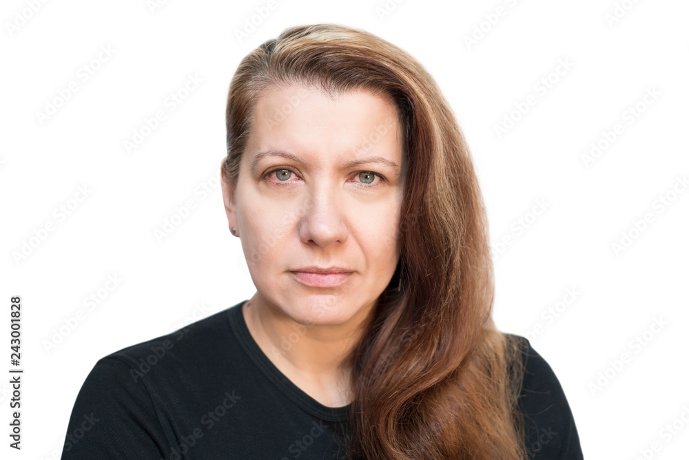 Woman on a white background with a sad face and an eye sore on a conjunctivitis. Isolated