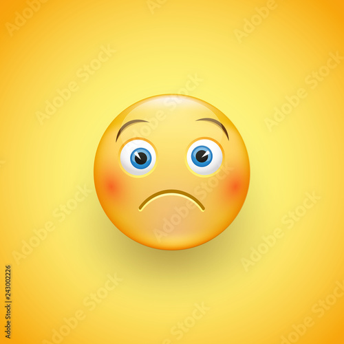 A little sad face of emoticons with a slight frown and neutral eyes on a yellow background. Funny sad kid. Vector
