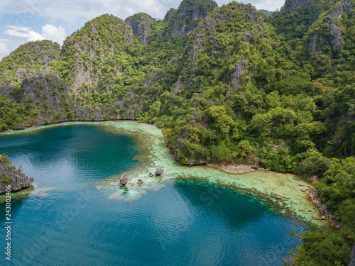 Aerial view to tropical lagoon with azure water near Kayangan Lake, Coron island. Palawan, Philippines.