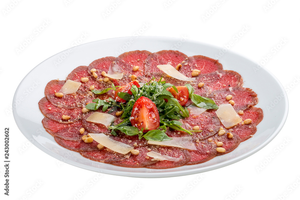 Tuna carpaccio with Parmesan cheese.  On white background