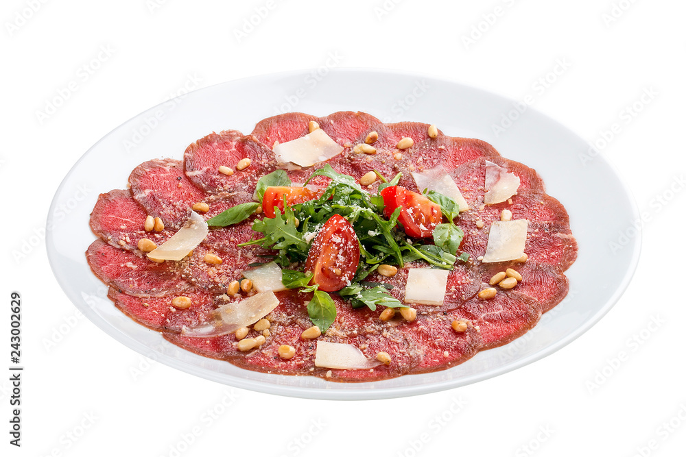 Tuna carpaccio with Parmesan cheese.  On white background