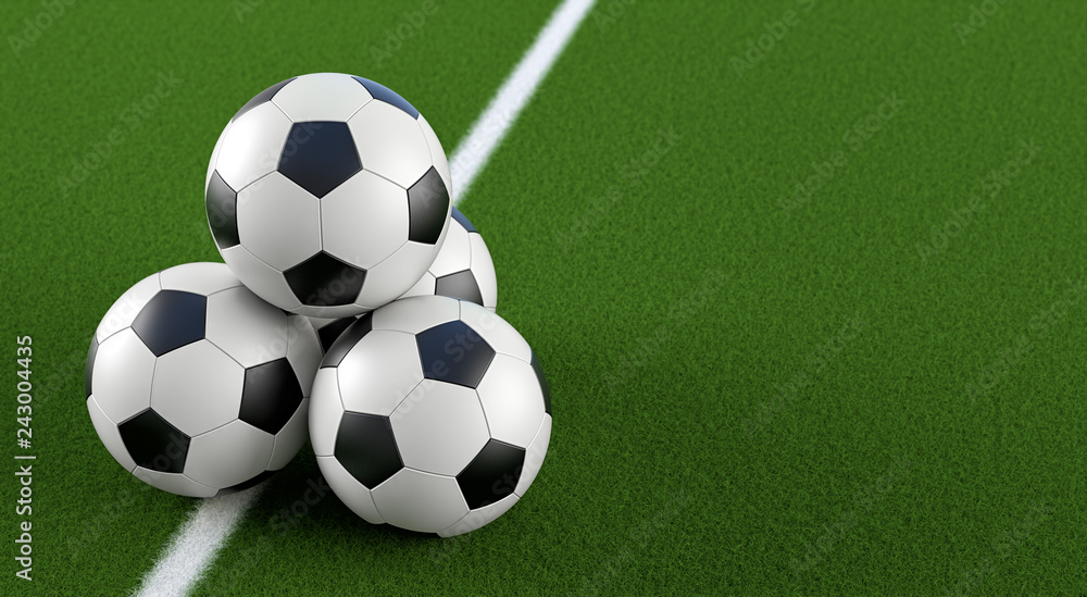 Soccer ball Pyramid on a soccer field - 3D Rendering Soccer ball Pyramid on a soccer field - 3D Rendering