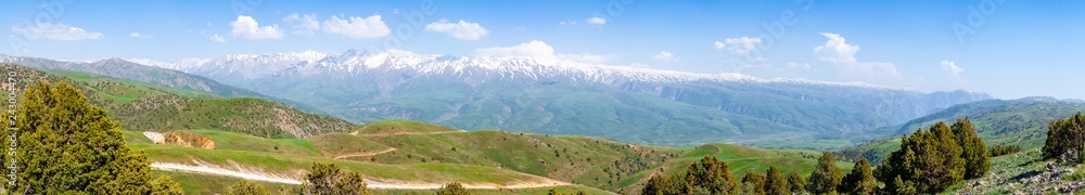 Panorama of a wide mountain valley on a sunny day