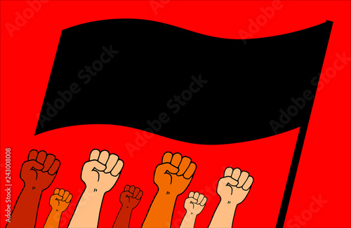 Illustration of a group of arms held high with a closed fist with a black flag in fighting position