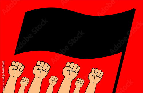 Illustration of a group of arms held high with a closed fist with a black flag in fighting position