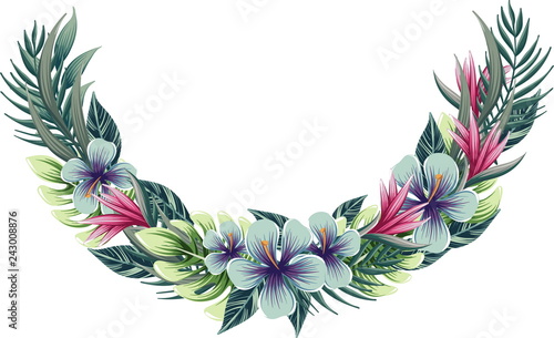 half round floral wreath with tropical plants