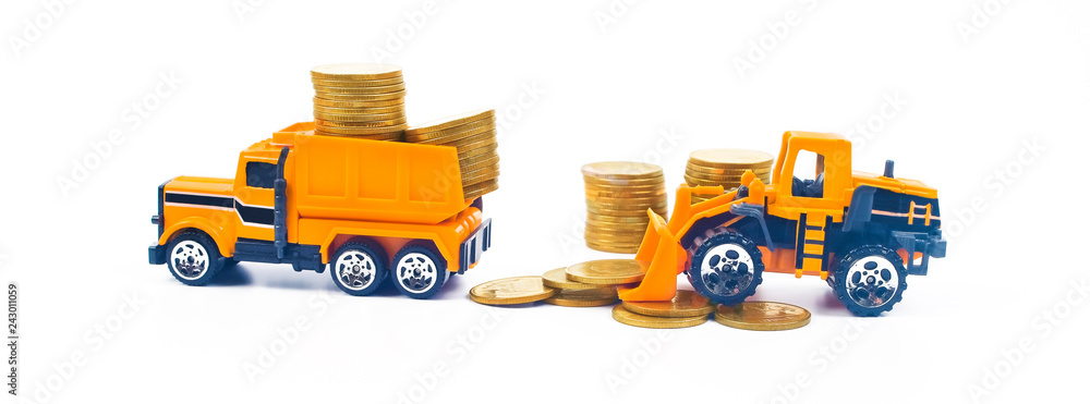 Truck car carry a golden coin stack on white background. Truck car carry a golden coin stack on white background.