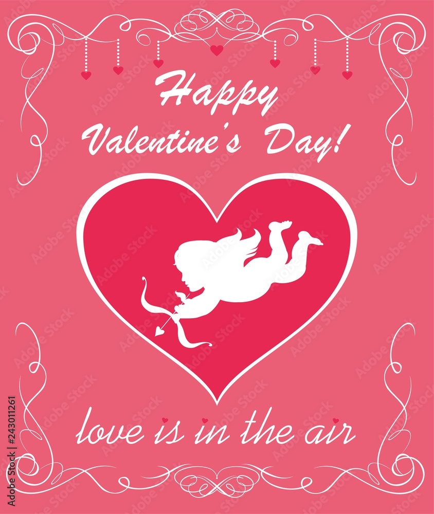 Greeting pink card with heart shape with paper cutting cupid for Valentine’s day