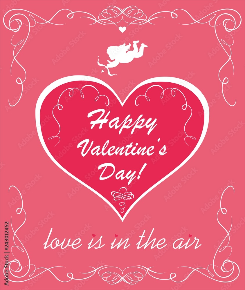 Greeting pink card with red heart shape with paper cutting cupid for Valentine’s day