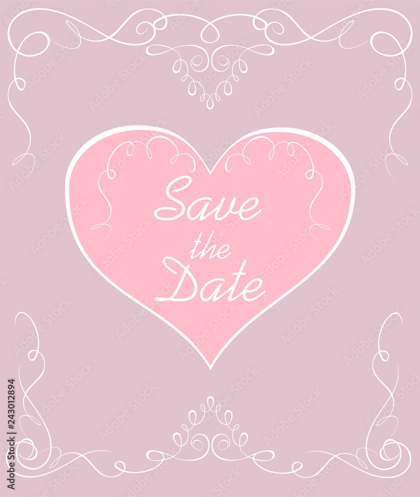 Wedding pastel invitation with vintage vignette and heart shape. Save the date