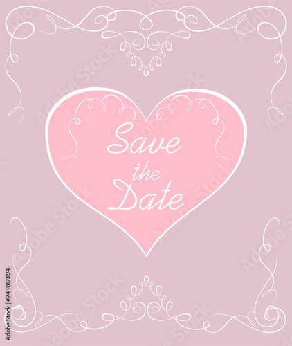 Wedding pastel invitation with vintage vignette and heart shape. Save the date