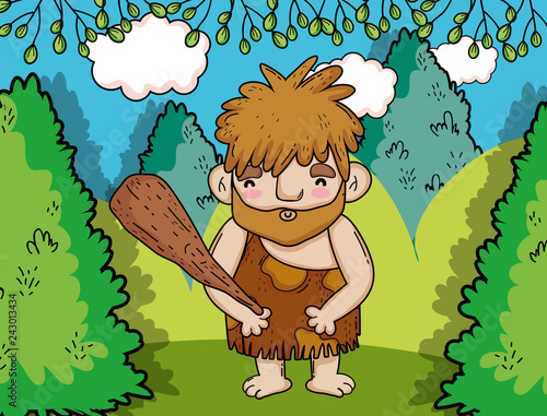 primitive man hunting with mallet in the bushes