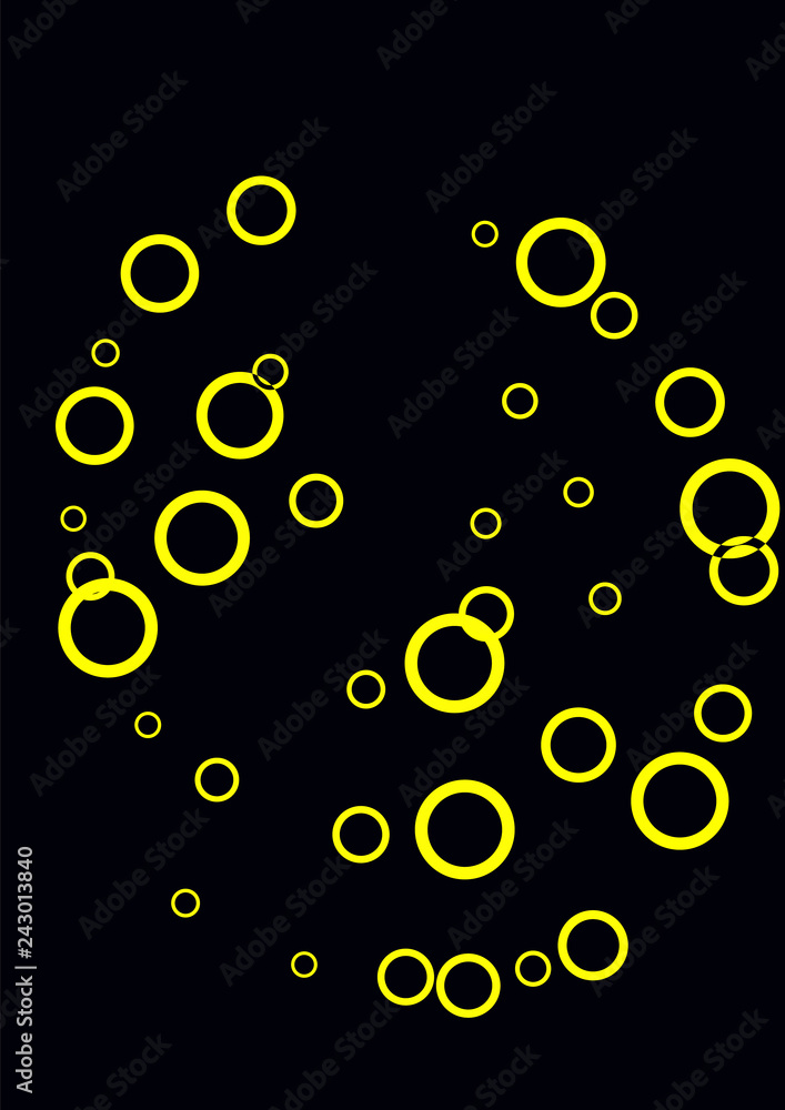 Yellow circles on a black background. Flying confetti. The contour of intersecting circles.