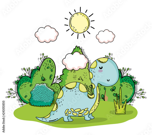 diplodocus prehistoric dino animal with sun and clouds
