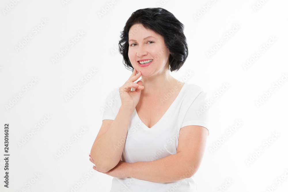 Middle age woman with perfect white teeth smile isolated on white background. Dental medicine and wrinkle skin care concept. Copy space Middle age woman with perfect white teeth smile isolated on white background. Dental medicine and wrinkle skin care concept. Copy space