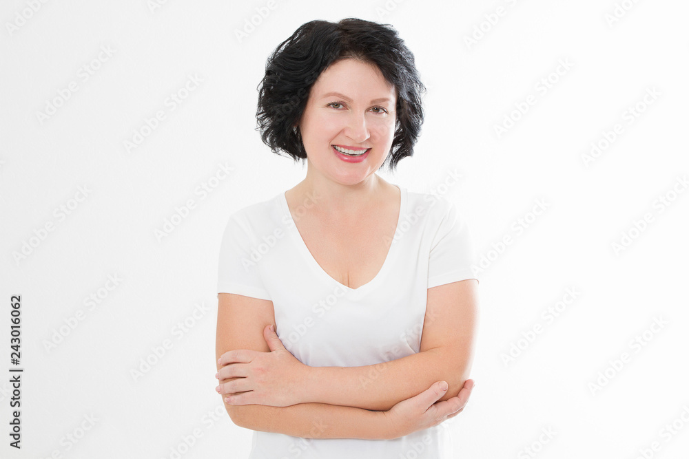 Middle age woman with perfect white teeth smile isolated on white background. Blank template t shirt. Dental medicine and wrinkle skin care concept. Copy space Middle age woman with perfect white teeth smile isolated on white background. Blank template t shirt. Dental medicine and wrinkle skin care concept. Copy space