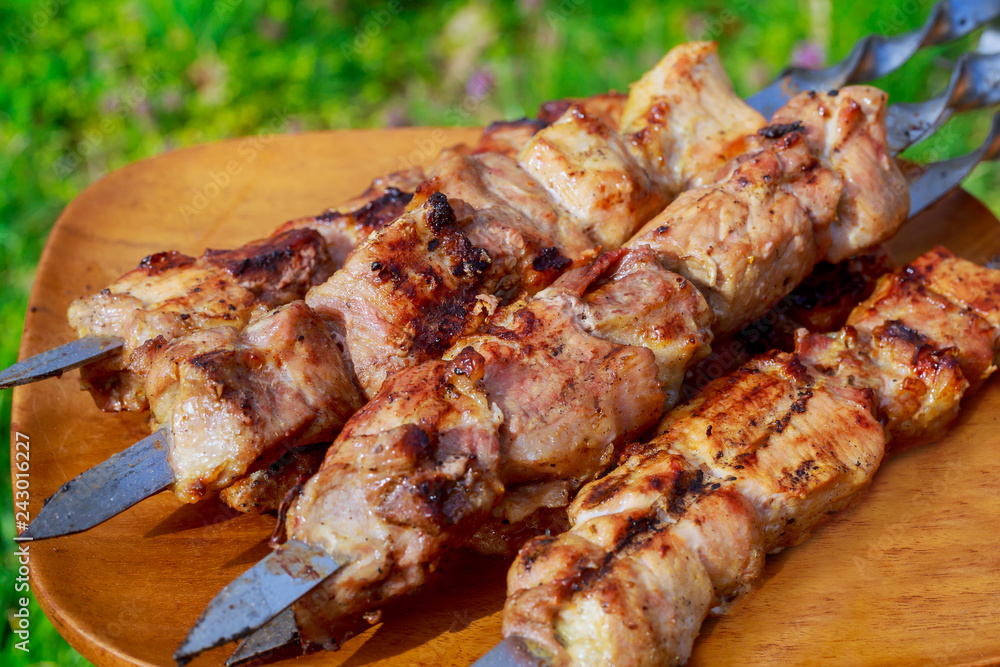Shish kebab with the mix of spices on bbq meat