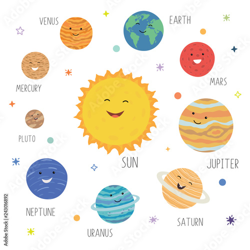 Cute planets with funny smiling faces. Solar system with cute cartoon planets. Funny universe for kids , sun, pluto, mars, mercury, earth, venus, jupiter, saturn, uranus, neptune.