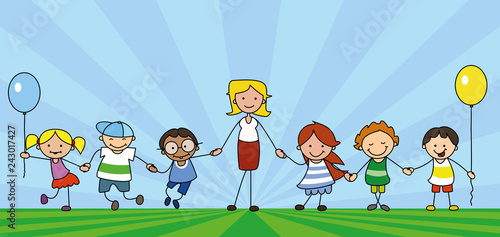 kids and teacher on meadow holding hands, educator with preeschool children 