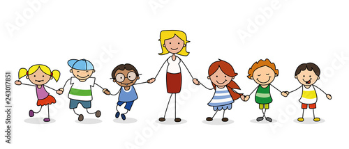 kindergarten group of children with female teacher holding hands