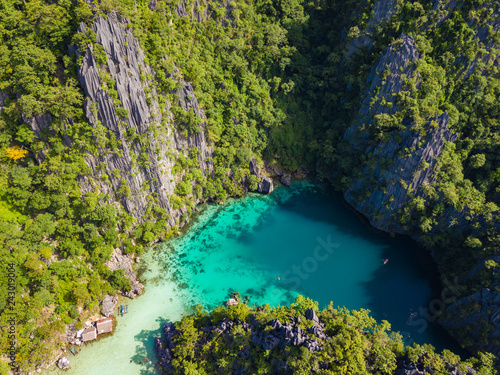 Aerial view to tropical Twin lagoon with azure water  Coron island. Palawan  Philippines.