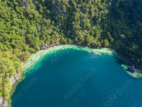 Aerial view to tropical Twin lagoon with azure water, Coron island. Palawan, Philippines.