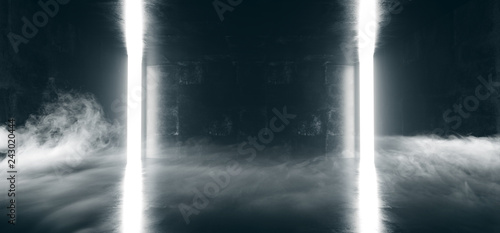 Sci Fi Modern Minimalistic Vertical Shaped Neon Led Glowing White Lines In Smoke Fog Dark Room With Grunge Concrete Reflective Floor Walls 3D Rendering