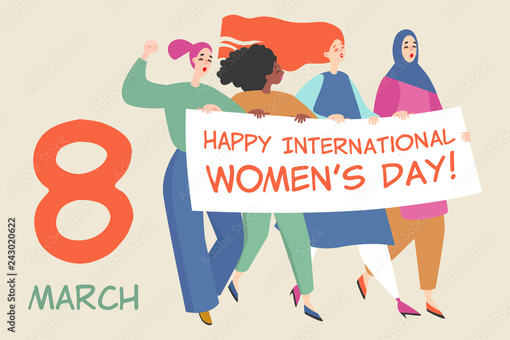 Εκτύπωση καμβά Vector card with a group of women holding a big banner with congratulations to t