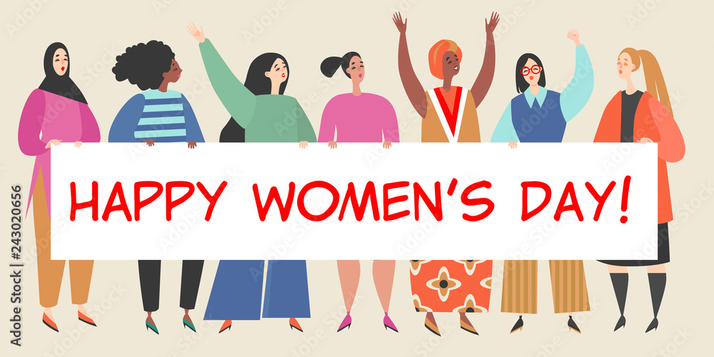 Vector illustration with a group of women holding a big banner with congratulations to the International Women's Day Vector illustration with a group of women holding a big banner with congratulations to the International Women's Day